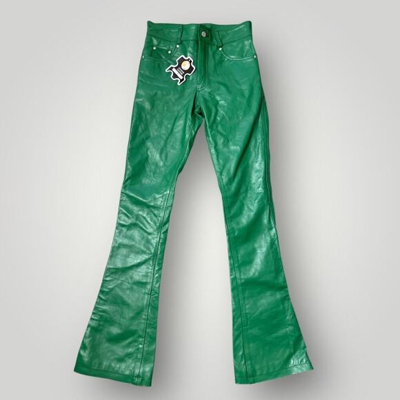 NYRVA Green Genuine Leather Flare Pants Size 28 High Waist Retro Y2K- L34 - Picture 1 of 11